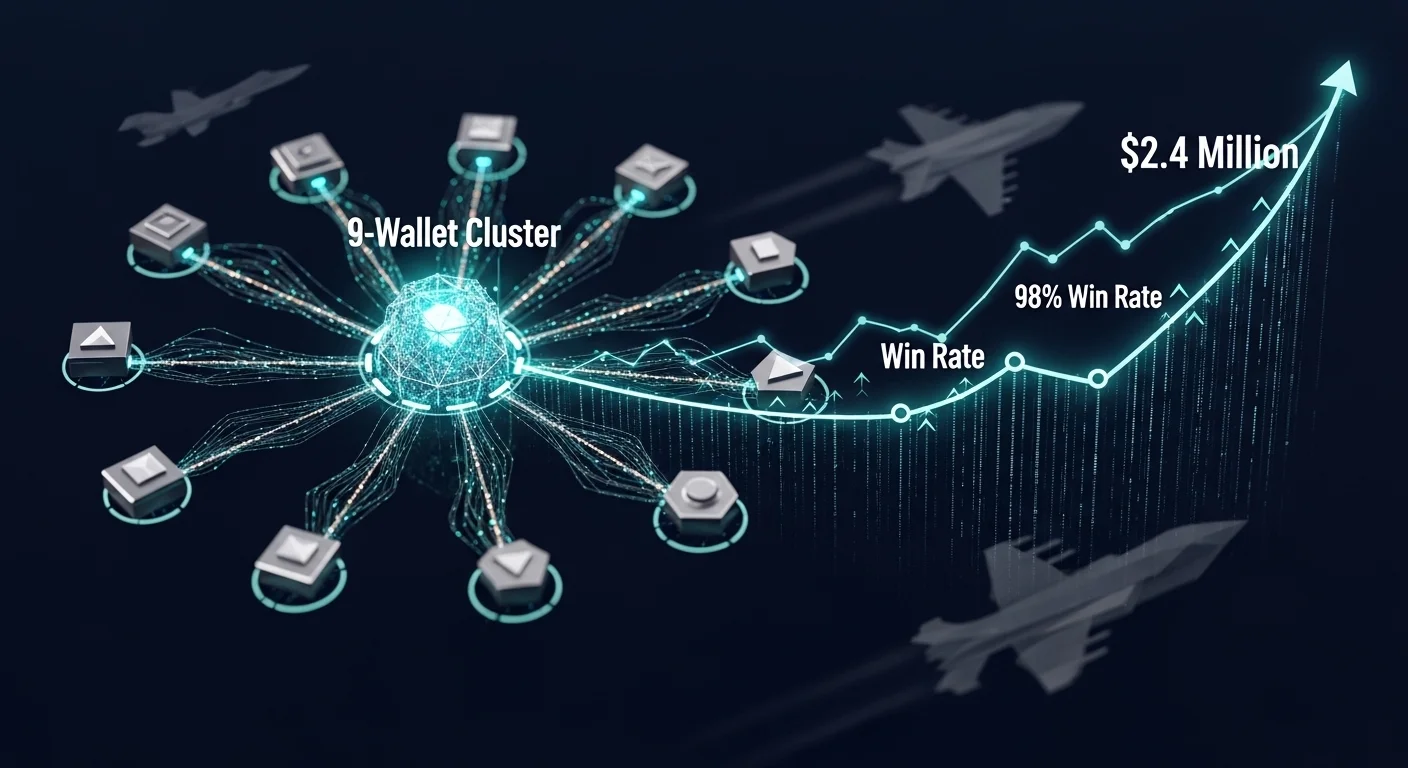 Visual representation of interconnected crypto wallets tracking large financial flows across a decentralized prediction market platform