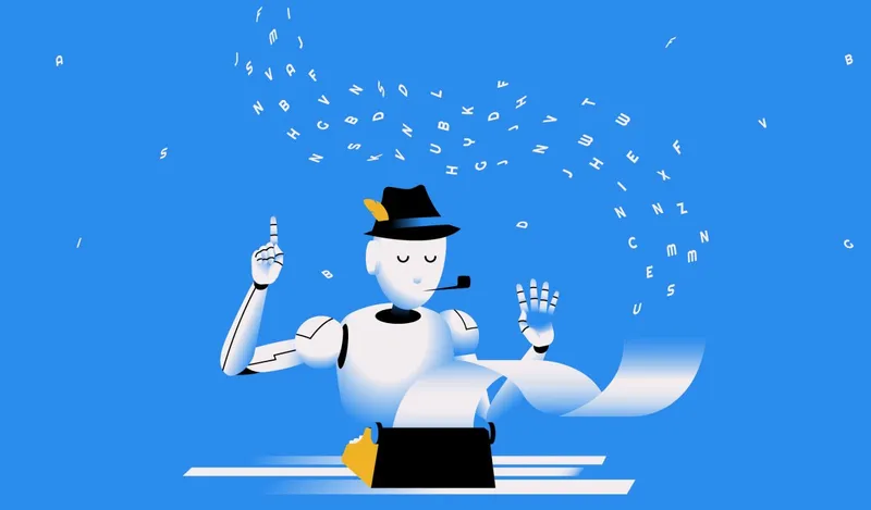 A futuristic representation of a smart factory floor with humanoid robots and complex data networks