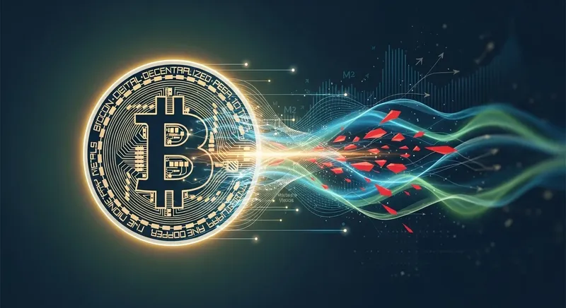 A global financial chart illustrating the decoupling of Bitcoin's price movements from traditional stock indices over time, highlighting macro liquidity cycles.