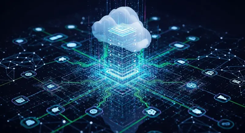 Global data centers and servers powering cloud computing infrastructure, symbolizing AWS's critical role in AI development