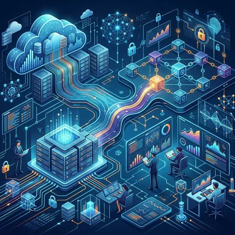 Data visualization of blockchain nodes converging into a powerful cloud data warehouse