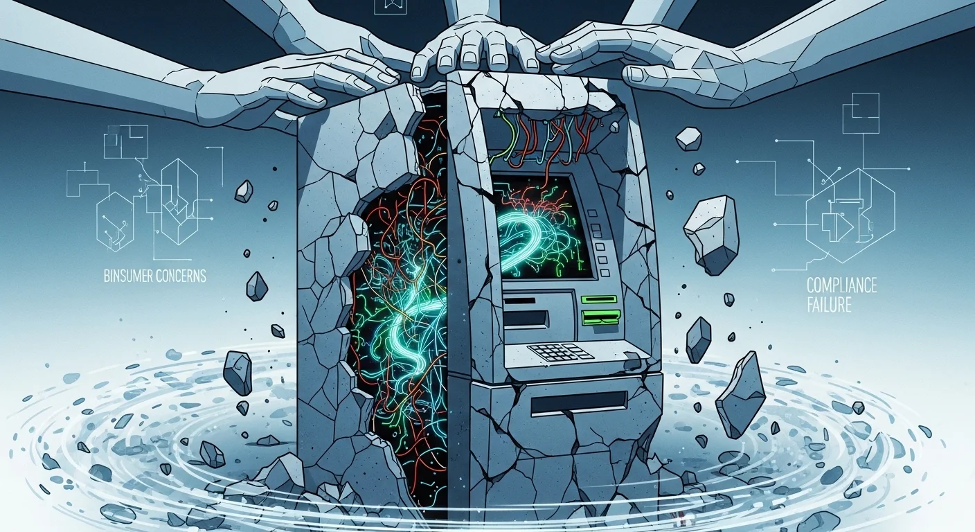 A network of modern, high-tech financial kiosks displaying cryptocurrency transaction symbols