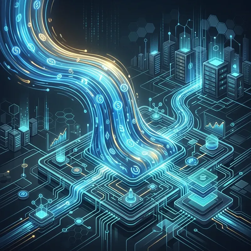 A stylized digital representation of stablecoins being minted onto a high-speed blockchain network, emphasizing liquidity and connectivity