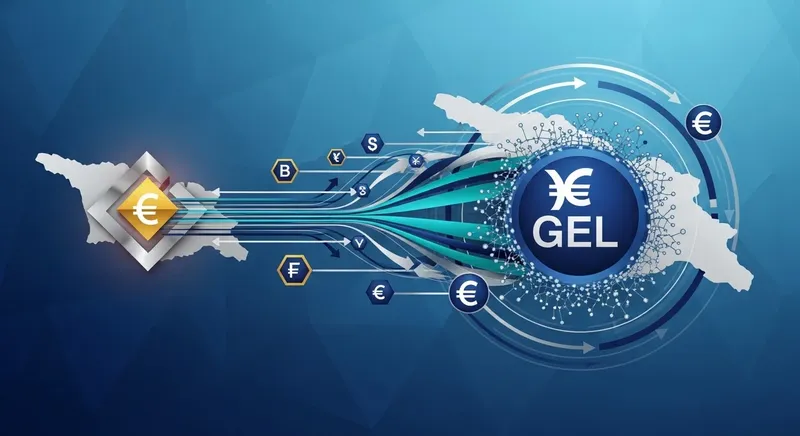 Digital representation of Lari stablecoin transfer, emphasizing cross-border banking efficiency