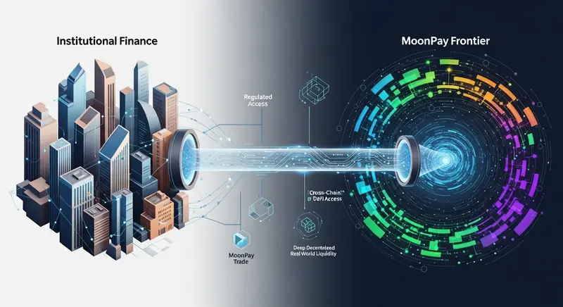 A network diagram illustrating institutional capital flowing from traditional financial structures into a centralized-yet-decentralized decentralized finance hub, managed by a platform gateway.