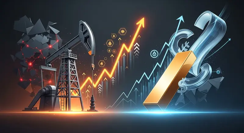 Oil barrel and gold bullion stacked, symbolizing the volatile interplay between energy and precious metals, against a backdrop of global financial complexity.