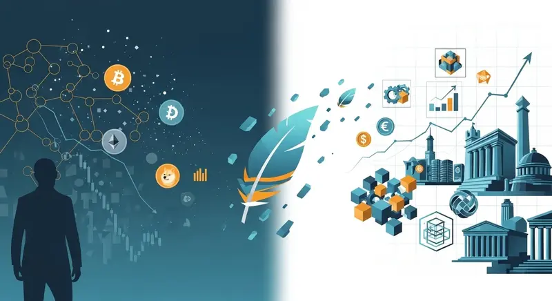 A professional, high-quality digital illustration depicting financial data flowing between traditional banking infrastructure and digital asset networks, representing a strategic integration of finance.