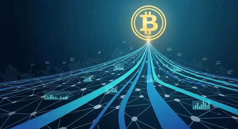 A stylized digital rendering representing corporate finance and cryptocurrency, showing interlocking gears and financial data streams over a deep blue background