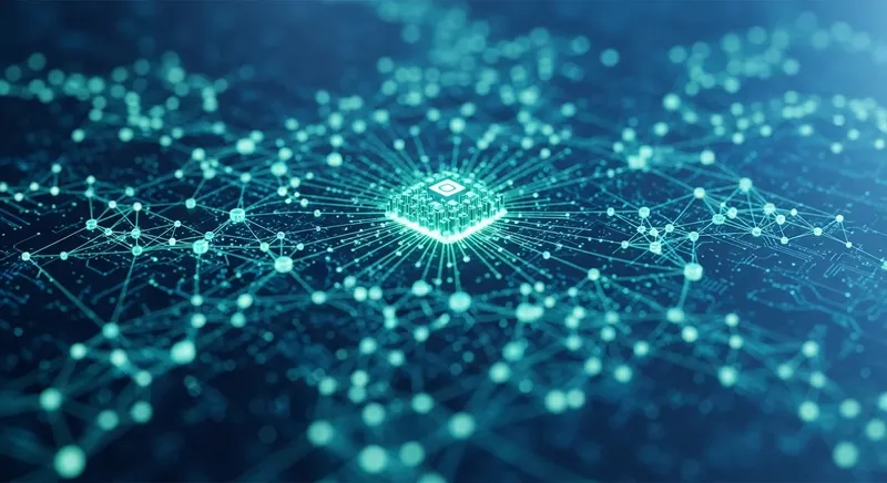 A conceptual visual representation of interconnected AI agents and smart contract nodes operating on a decentralized blockchain network