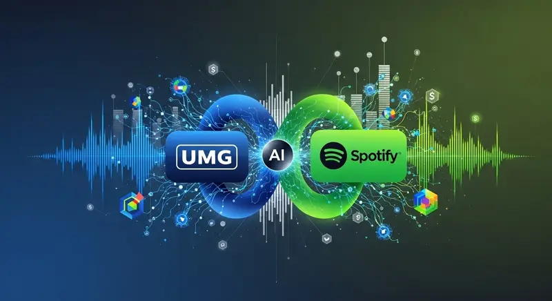 A stylized, abstract visualization of music data streams and AI neural networks converging