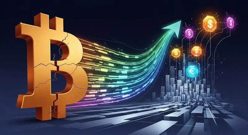 A visualization of a corporate balance sheet overlaying a network of digital assets and decentralized finance systems, representing MSTR's strategic pivot.