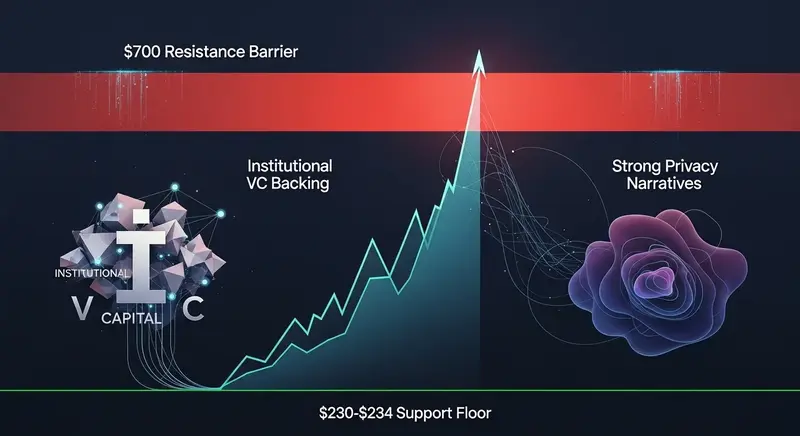Charts depicting Zcash price movement with resistance levels and institutional capital flow arrows