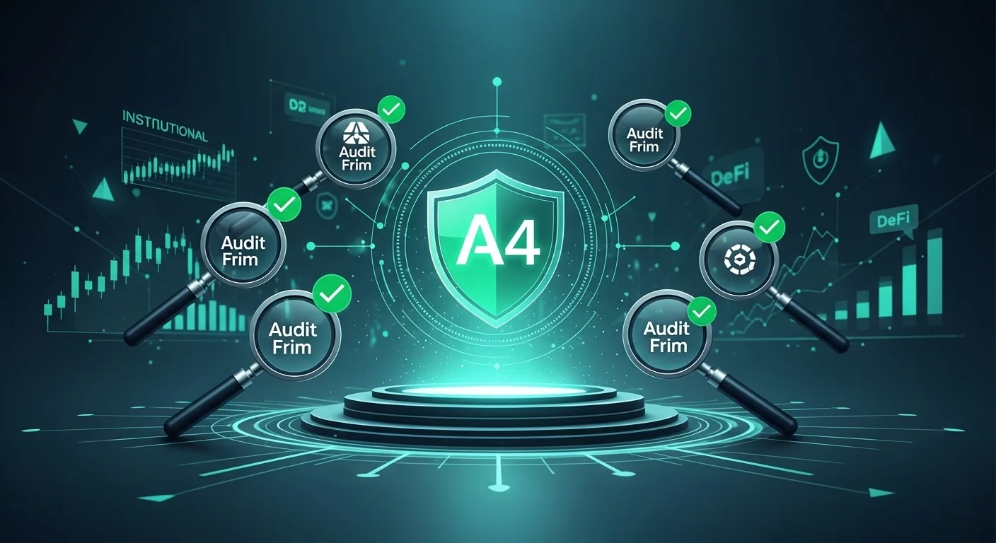 Descriptive alt text: Visual representation of complex, secure, and audited financial smart contract architecture on a blockchain ledger