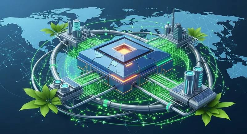A sleek, modern industrial facility in Central Europe featuring automated assembly lines for green energy components.