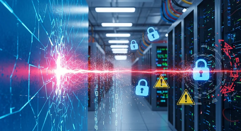 A high-quality, realistic visual of a secure data center environment with glowing blue highlights on server racks and network cabling.