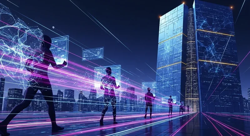 A sleek, modern office interior in Singapore with subtle digital overlays representing neural networks and data flow.