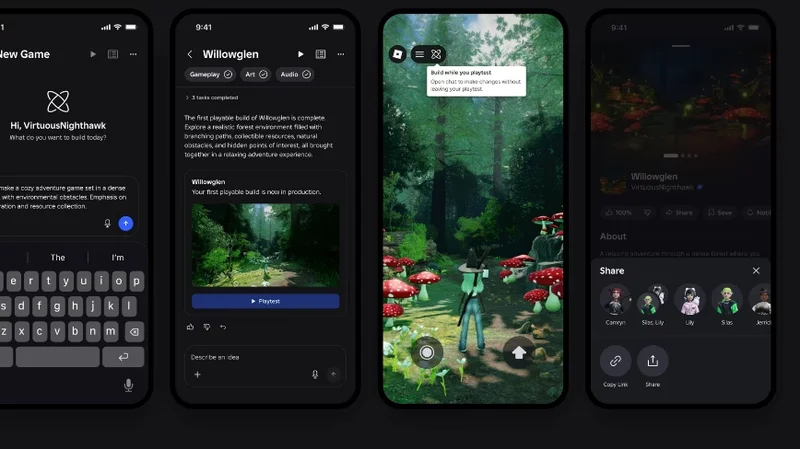 Roblox's new mobile-first "Build" interface allows users to generate 3D assets and game logic via natural language prompts.