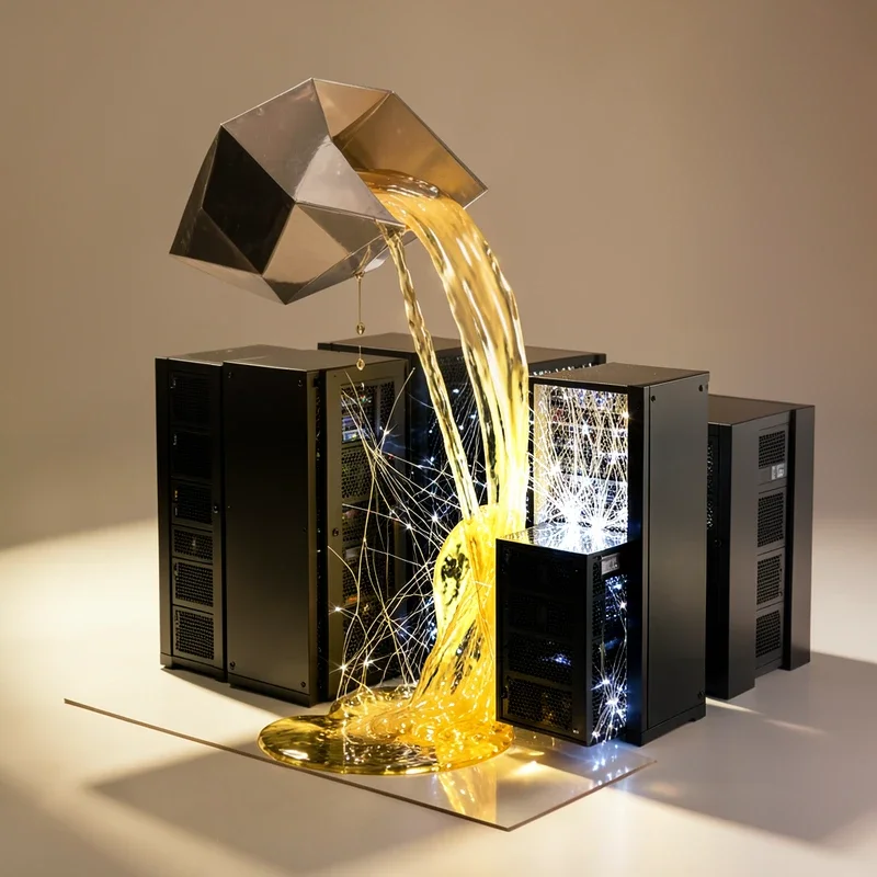 A graphic representation of digital ETH flowing from a corporate vault towards server racks/AI data center infrastructure