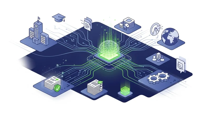 A high-tech digital rendering of interconnected data nodes flowing into a centralized processing hub in a clean, corporate aesthetic.