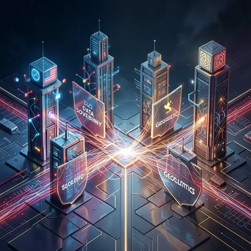 A conceptual visualization of a digital network bridge between different geographical regions, showing distinct nodes in a high-tech cityscape.
