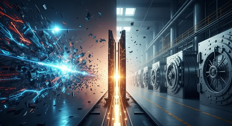 A sophisticated digital representation of secure financial infrastructure with glowing lines representing data flow over a polished metallic surface.