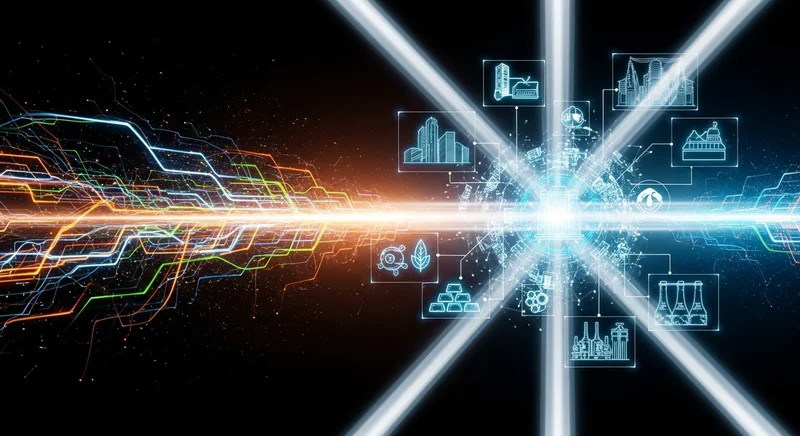 A sophisticated visual of a digital high-tech architectural blueprint blending with blockchain network nodes