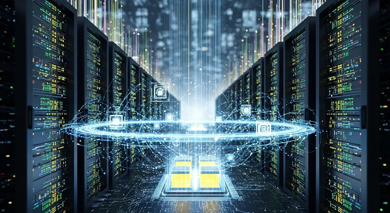 A high-tech rendering of a sleek, futuristic semiconductor fabrication facility with glowing blue circuits and data streams.