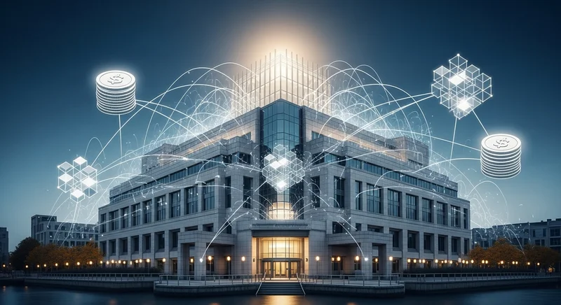 A high-quality professional architectural rendering of a modern data center integrated with digital aesthetic overlays representing blockchain connectivity.